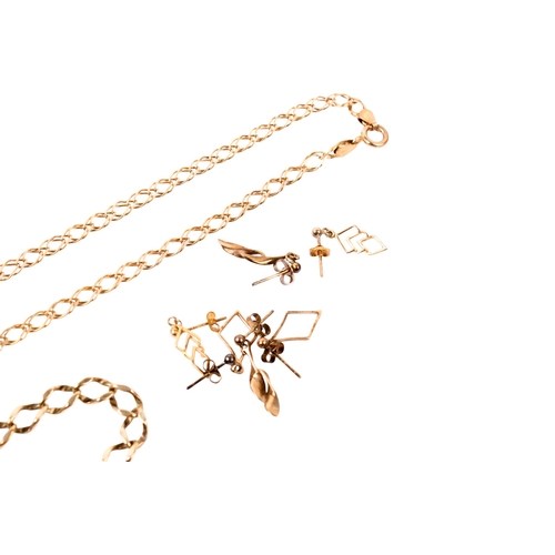 211 - Five 9ct gold necklaces and bracelets and three pairs of earrings. Mostly Italian, hallmarked or mar... 