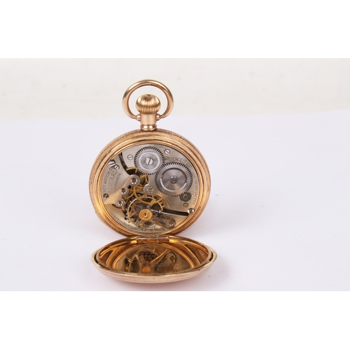 373 - TBV. A vintage yellow metal full hunter pocket watch. With engine turned decoration to both sides, b... 