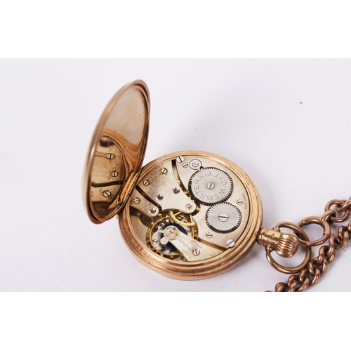 375 - A 9ct gold vintage Webster's City pocket watch and Albert chain. With black Roman numerals and secon... 