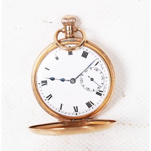 376 - A 9ct gold half hunter pocket watch. Black Roman numerals and subsidiary dial to the white face, hal... 