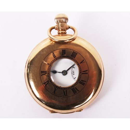 376 - A 9ct gold half hunter pocket watch. Black Roman numerals and subsidiary dial to the white face, hal... 