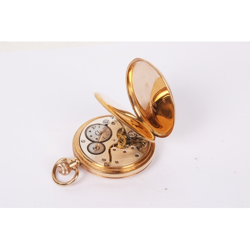 376 - A 9ct gold half hunter pocket watch. Black Roman numerals and subsidiary dial to the white face, hal... 