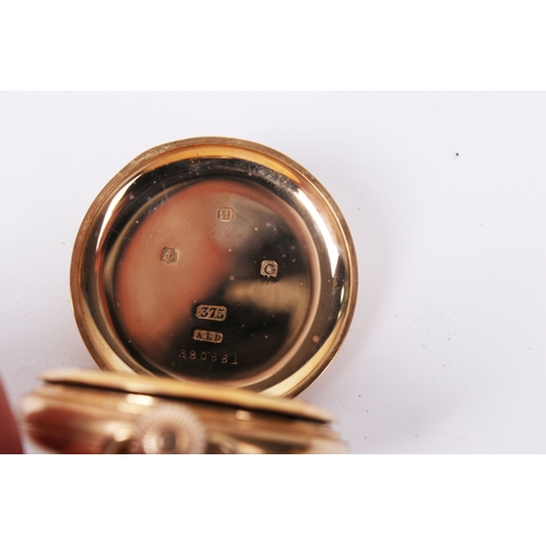 376 - A 9ct gold half hunter pocket watch. Black Roman numerals and subsidiary dial to the white face, hal... 