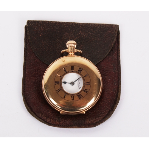 376 - A 9ct gold half hunter pocket watch. Black Roman numerals and subsidiary dial to the white face, hal... 