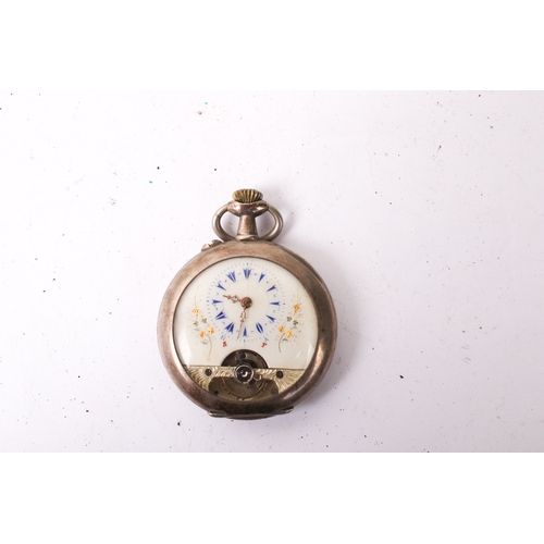 422 - A Swiss 'Hebdomas' style silver pocket watch. With blue Roman numerals and gilt floral decoration to... 