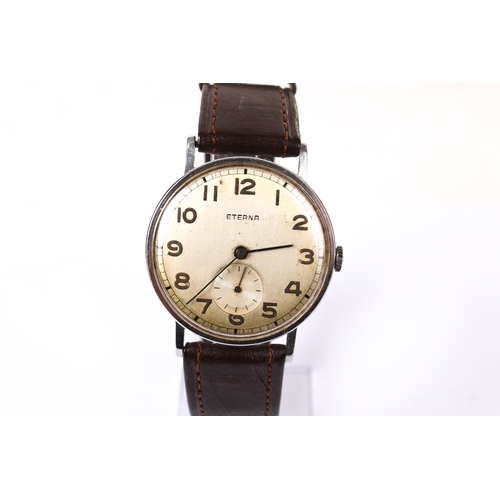382 - A gentleman's Eterna wristwatch. The silvered dial with Arabic numerals and a subsidiary seconds dia... 