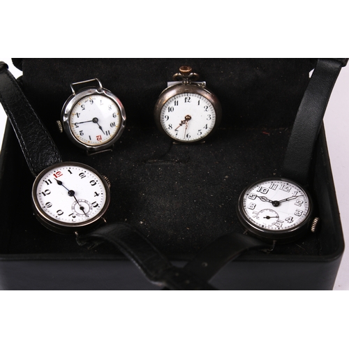 384 - Four silver cased watches. Comprising a pocket watch, the white enamel dial with Arabic numerals, di... 