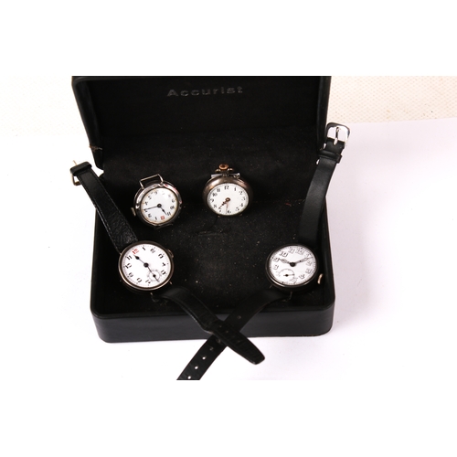 384 - Four silver cased watches. Comprising a pocket watch, the white enamel dial with Arabic numerals, di... 