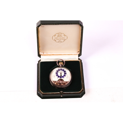 386 - An early 20th century Hebdomas 8 day pocket watch. The white and blue enamel dial having Arabic nume... 
