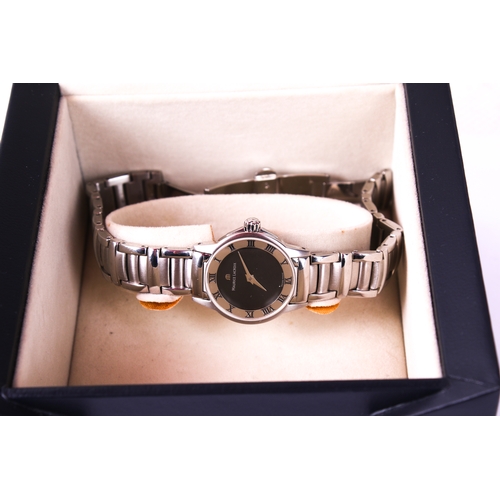 387 - A lady's Maurice Lacroix wristwatch. The black dial surrounded by a stainless steel bezel with Roman... 