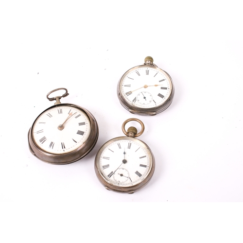 409 - Three Victorian and later silver and silver plated pocket watches. All having white enamel dial and ... 