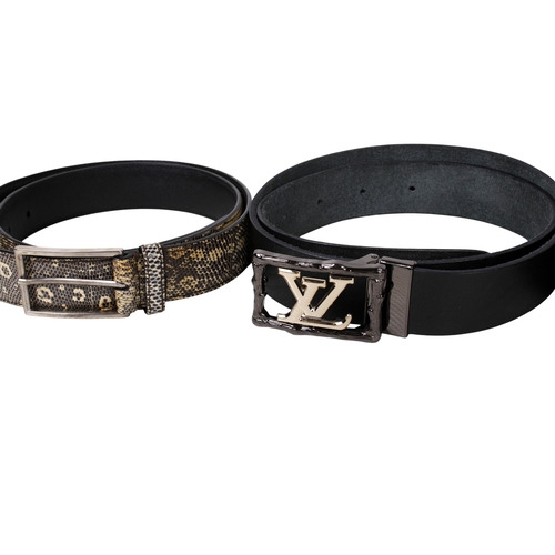 478 - Four designer belts. Comprising a Prada faux snakeskin belt with a chrome buckle, stamped '2C1468251... 