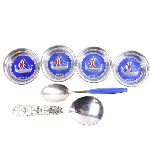 74 - Six pieces of Norweigan silver. Comprising a set of four dishes with enamel decoration featuring a V... 