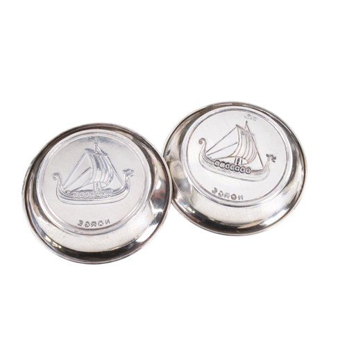 74 - Six pieces of Norweigan silver. Comprising a set of four dishes with enamel decoration featuring a V... 