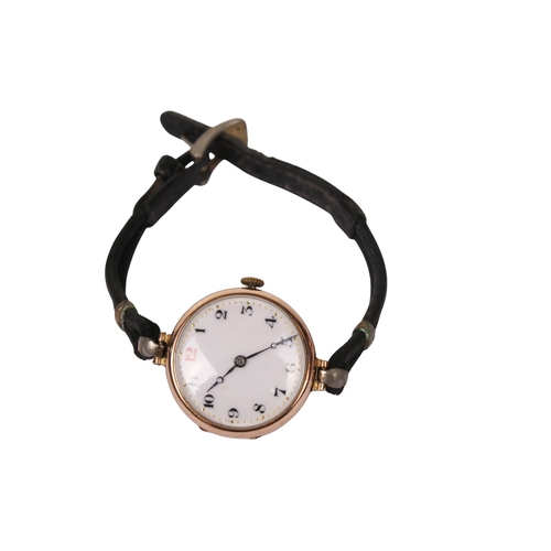 371 - A 9ct gold cased wristwatch. The white enamel face with black and red Arabic numerals, hallmarks to ... 