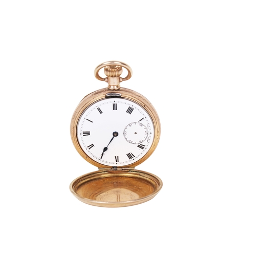 373 - TBV. A vintage yellow metal full hunter pocket watch. With engine turned decoration to both sides, b... 