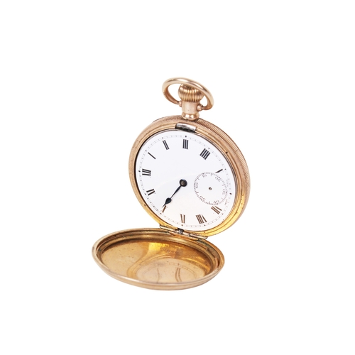 373 - TBV. A vintage yellow metal full hunter pocket watch. With engine turned decoration to both sides, b... 