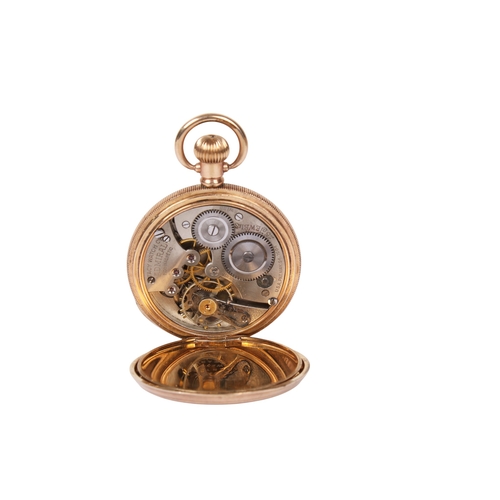 373 - TBV. A vintage yellow metal full hunter pocket watch. With engine turned decoration to both sides, b... 