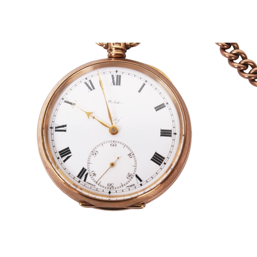 375 - A 9ct gold vintage Webster's City pocket watch and Albert chain. With black Roman numerals and secon... 