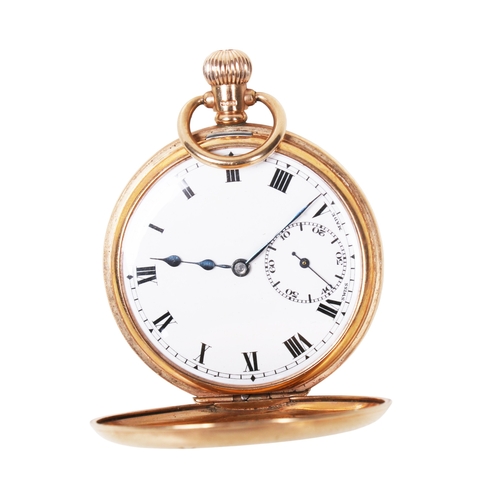 376 - A 9ct gold half hunter pocket watch. Black Roman numerals and subsidiary dial to the white face, hal... 