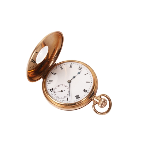 376 - A 9ct gold half hunter pocket watch. Black Roman numerals and subsidiary dial to the white face, hal... 