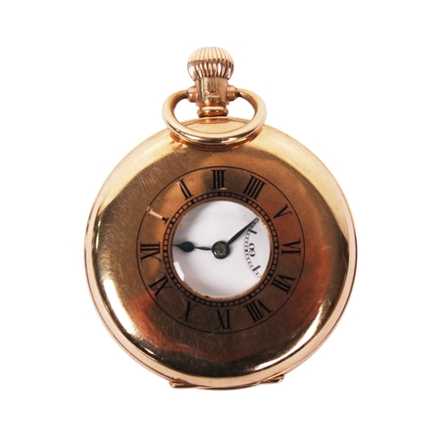 376 - A 9ct gold half hunter pocket watch. Black Roman numerals and subsidiary dial to the white face, hal... 