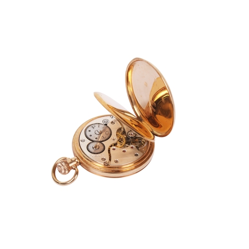 376 - A 9ct gold half hunter pocket watch. Black Roman numerals and subsidiary dial to the white face, hal... 