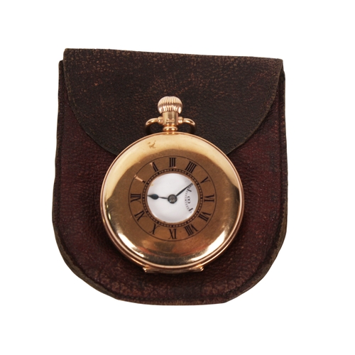 376 - A 9ct gold half hunter pocket watch. Black Roman numerals and subsidiary dial to the white face, hal... 