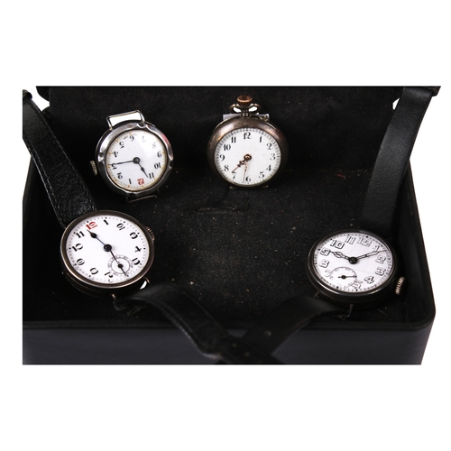 384 - Four silver cased watches. Comprising a pocket watch, the white enamel dial with Arabic numerals, di... 