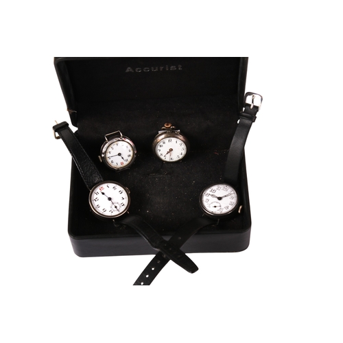 384 - Four silver cased watches. Comprising a pocket watch, the white enamel dial with Arabic numerals, di... 