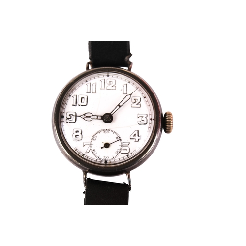 384 - Four silver cased watches. Comprising a pocket watch, the white enamel dial with Arabic numerals, di... 