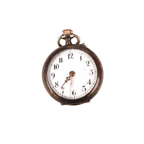 384 - Four silver cased watches. Comprising a pocket watch, the white enamel dial with Arabic numerals, di... 