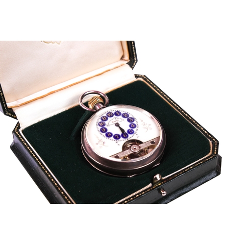 386 - An early 20th century Hebdomas 8 day pocket watch. The white and blue enamel dial having Arabic nume... 