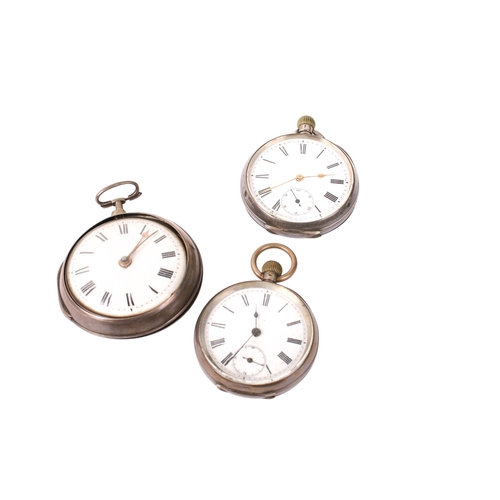 409 - Three Victorian and later silver and silver plated pocket watches. All having white enamel dial and ... 