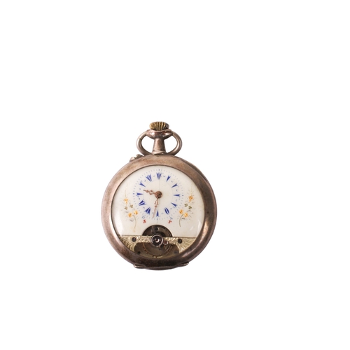 422 - A Swiss 'Hebdomas' style silver pocket watch. With blue Roman numerals and gilt floral decoration to... 