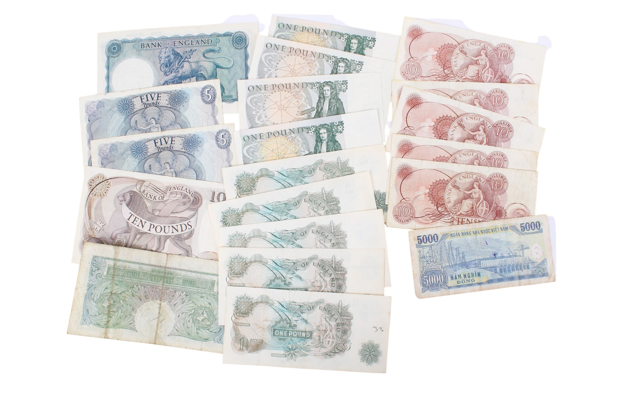 A small collection of assorted English banknotes. Including 2 Page £10 ...
