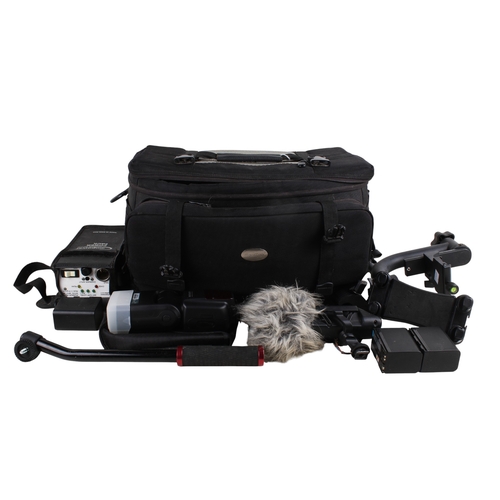 266 - A large camera bag and accessories (video?). Including a Neewer mount, Neewer Speedlight NW 565EX an... 