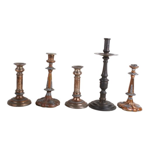 288 - Five assorted candlesticks. Including a pair of silver plated telescopic candlesticks, etc. Max. H33... 
