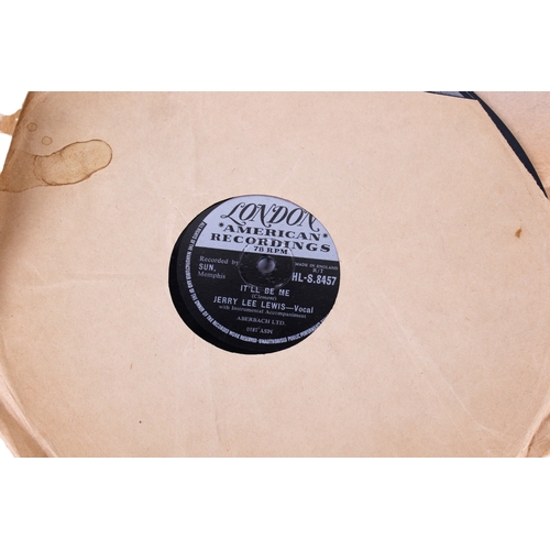 353 - Three rock n roll '78 rpm records and another. Including Elvis Prestley, Buddy Holly and Jerry Lee L... 