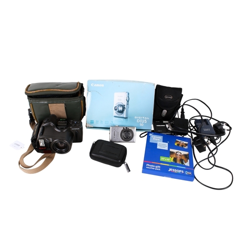 357 - Two compact digital cameras and a film camera and accessories. Including Canon IXUS 50, model PC1150... 