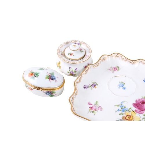 373 - A group of five mostly porcelain items. Including a Dresden three piece porcelain pen and ink stand ... 
