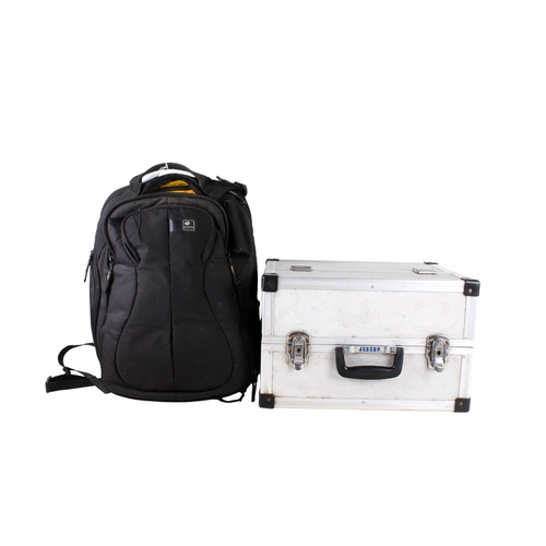 378 - A Jessop aluminum camera case and a Kata camera backpack. The case having a black plastic handle, H3... 