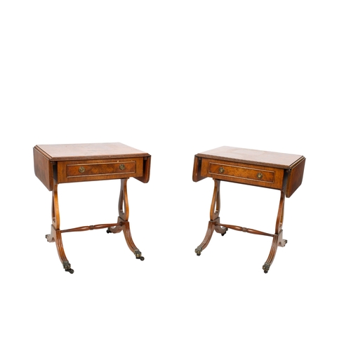 395 - A pair of 20th century Regency style burr walnut veneer drop leaf side tables. Having a drawer, pier... 