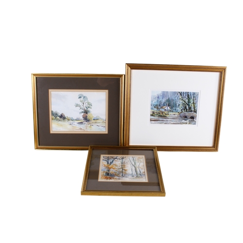 460 - A group of three assorted signed watercolour pictures. Including Ray Balkwill (1948), river with bri... 