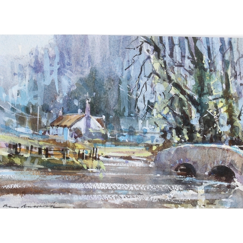 460 - A group of three assorted signed watercolour pictures. Including Ray Balkwill (1948), river with bri... 