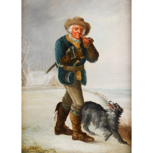 466 - An oil on board depicting a Woodman and his dog. Indistinct signature lower left, framed, total 29cm... 