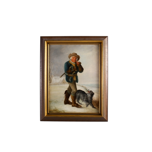 466 - An oil on board depicting a Woodman and his dog. Indistinct signature lower left, framed, total 29cm... 
