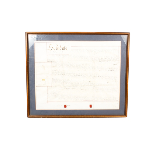 476 - A hand written deed, local interest (New Street, Wells, etc.). 68cm x 55cm, framed and glazed, 82cm ... 