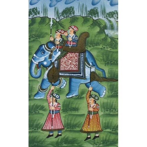 513 - A group of three assorted Eastern gouache paintings. Two depicting elephants the other camels. Frame... 