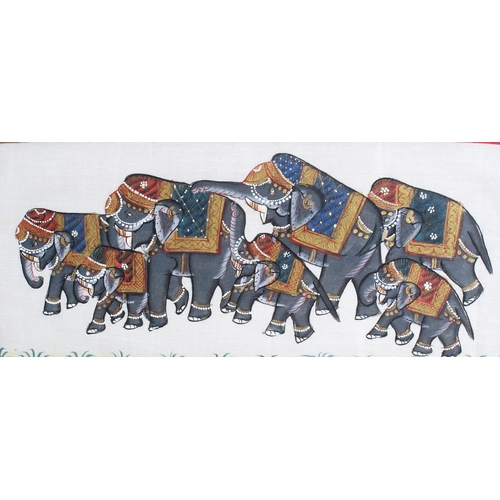 513 - A group of three assorted Eastern gouache paintings. Two depicting elephants the other camels. Frame... 